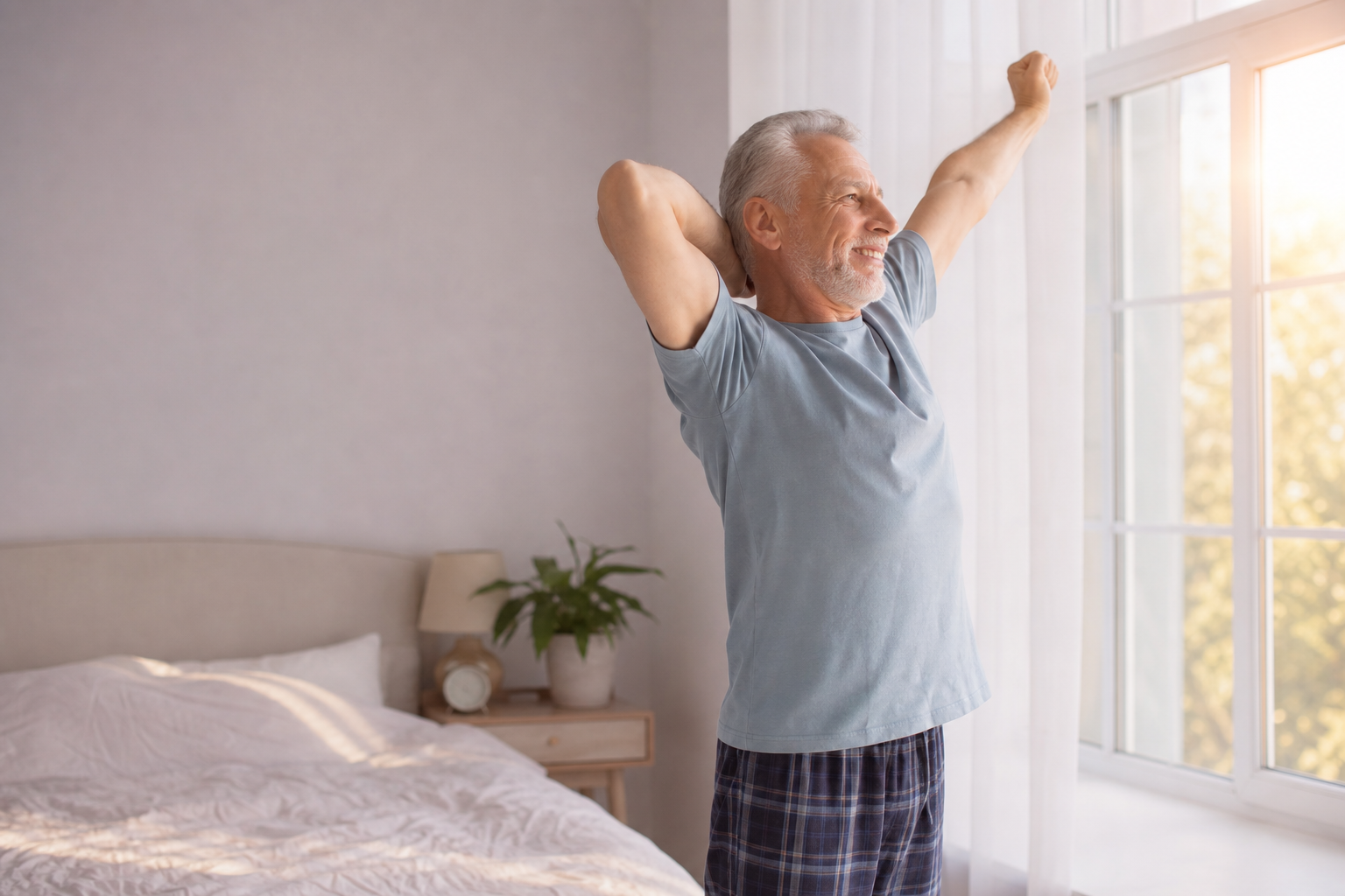 A person waking up energized, sharper, and younger-feeling in the morning light